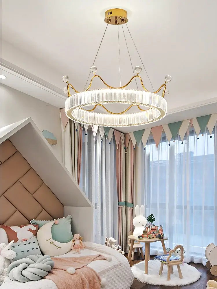 Decorbites crown petal led crystal gold chandelier features a golden crown shape with crystal accents and circular lights