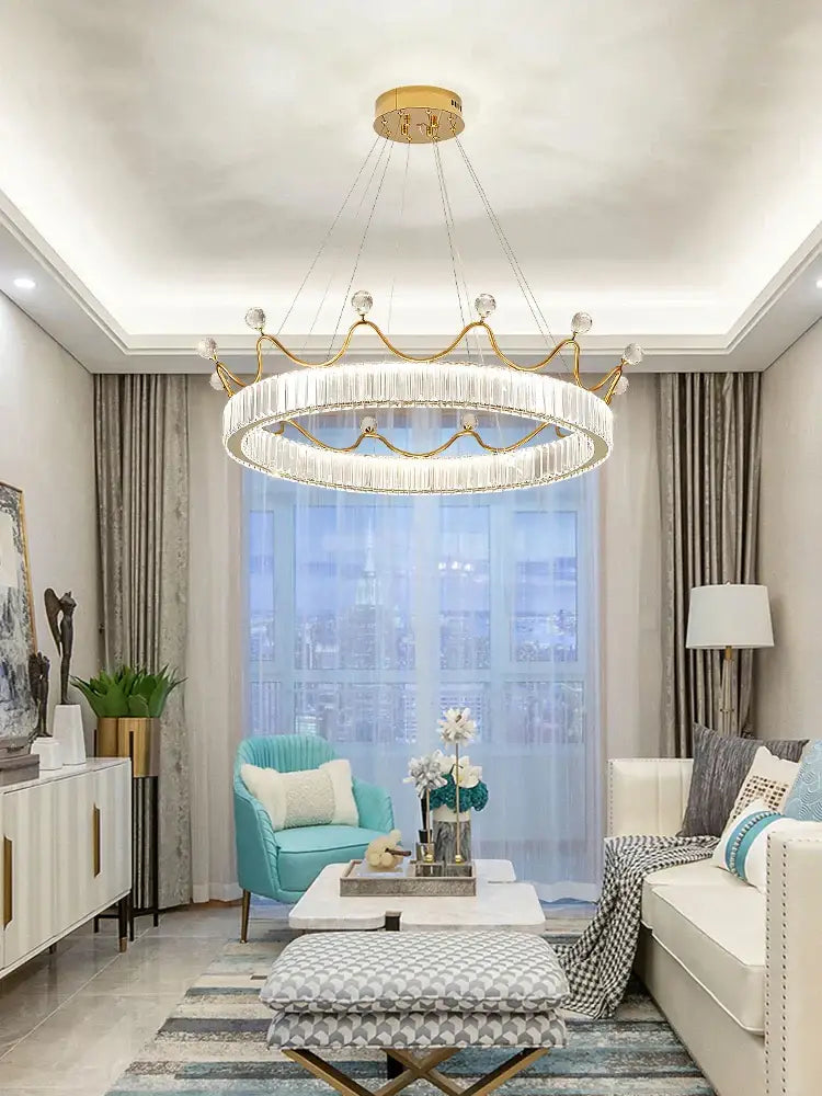 Gold-toned decorbites crown petal led crystal chandelier with circular design for elegant bedroom lighting