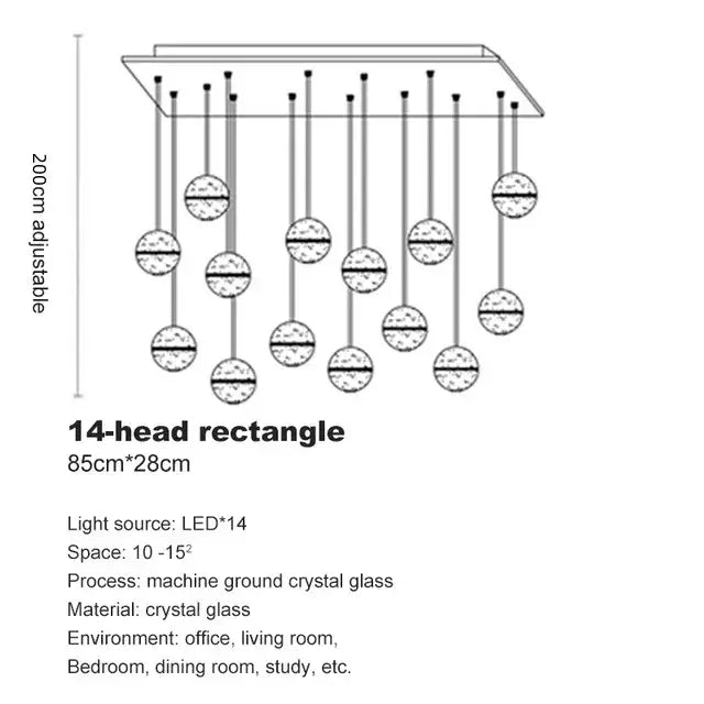 Decorbites crystal ball chandelier featuring 14 led heads with machine-ground crystal glass spheres on adjustable fixture