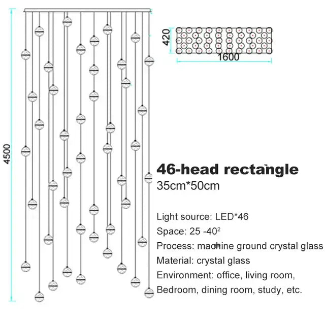 Decorbites crystal ball 46-head rectangular crystal ball chandelier with led lights for dining room pendant light