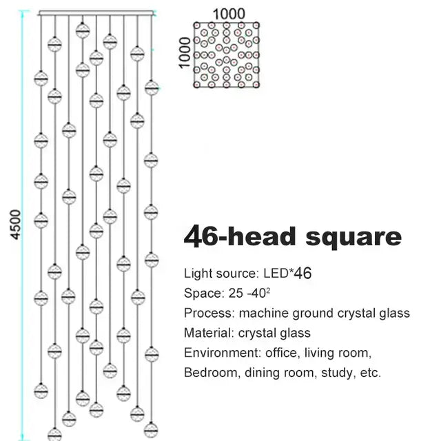 Decorbites crystal ball chandelier with 46 machine-ground crystal glass bulbs in a symmetrical square grid for dining room use