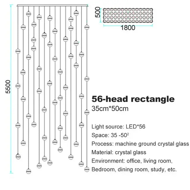 Decorbites crystal ball chandelier led pendant light with 56-head rectangular crystal glass curtain 35cm x 50cm machine-ground finish