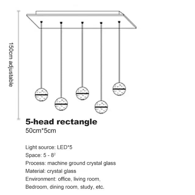 Modern decorbites crystal ball chandelier featuring five machine-ground crystal glass spheres on adjustable frame