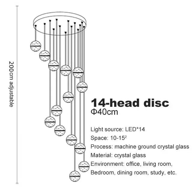 A modern decorbites crystal ball chandelier with 14 LED-lit crystal glass spheres for dining room lighting