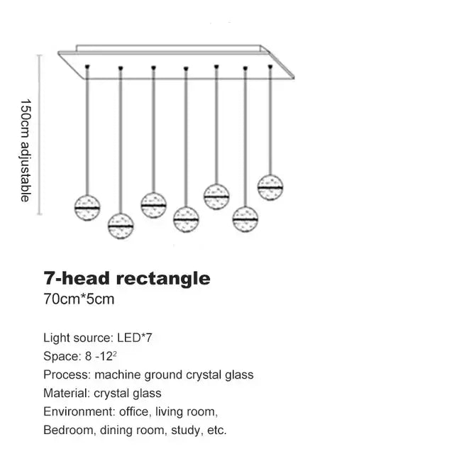 Modern seven-head rectangular led decorbites crystal ball chandelier with machine-ground crystal glass spheres for dining room