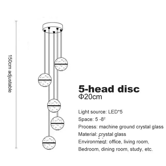 Five-head decorbites crystal ball chandelier with machine-ground crystal glass discs featuring horizontal line detail