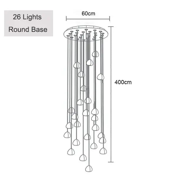 A modern 400cm decorbites crystal ball chandelier with 26 teardrop glass lights and metallic rods for dining room