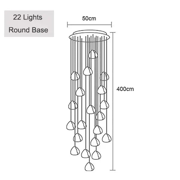 A 400cm tall decorbites crystal ball chandelier with 22 teardrop lights suspended from a round base for dining room