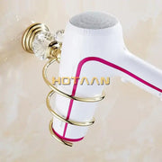 White hair dryer with magenta accent mounted in gold-toned decorbites crystal bathroom spiral stand holder