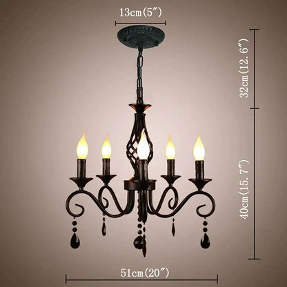 Black wrought iron decorbites crystal black chandelier with five candle style bulbs and dangling crystal droplets for dining room