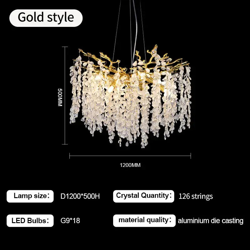 Elegant gold-toned decorbites crystal branch chandelier with cascading clear crystal droplets made of aluminum die casting for living room