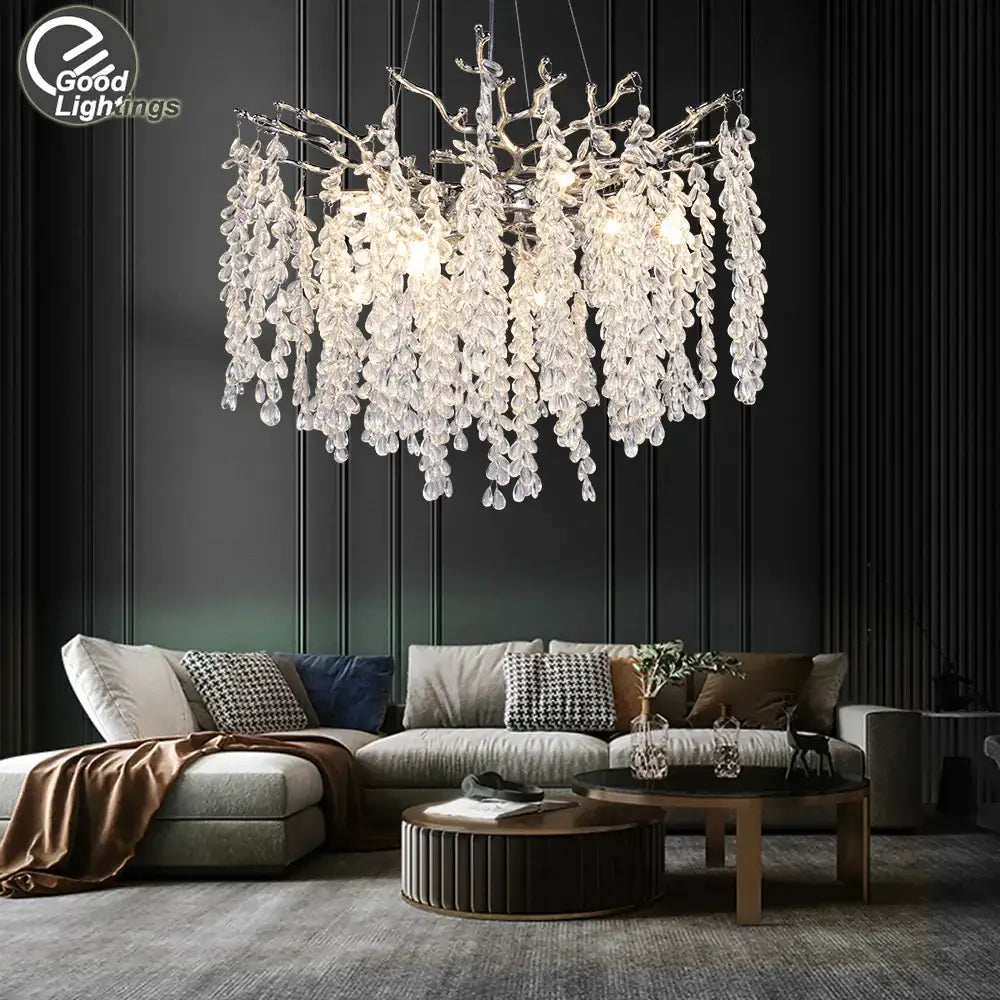Decorbites crystal branch chandelier with clear glass droplets and metallic branches for living room lighting
