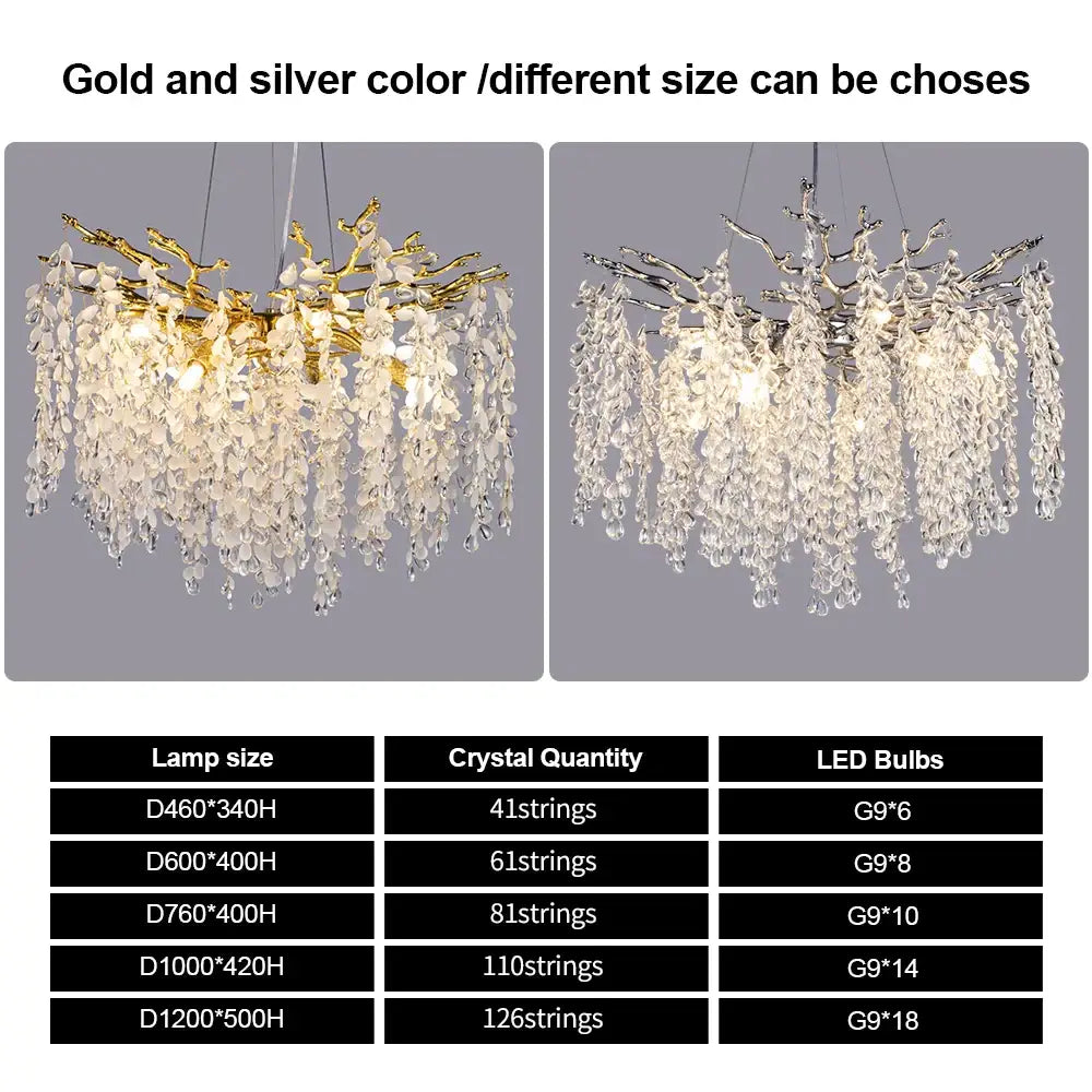 Elegant decorbites crystal branch chandelier with gold metal frames and cascading clear crystals for living room lighting
