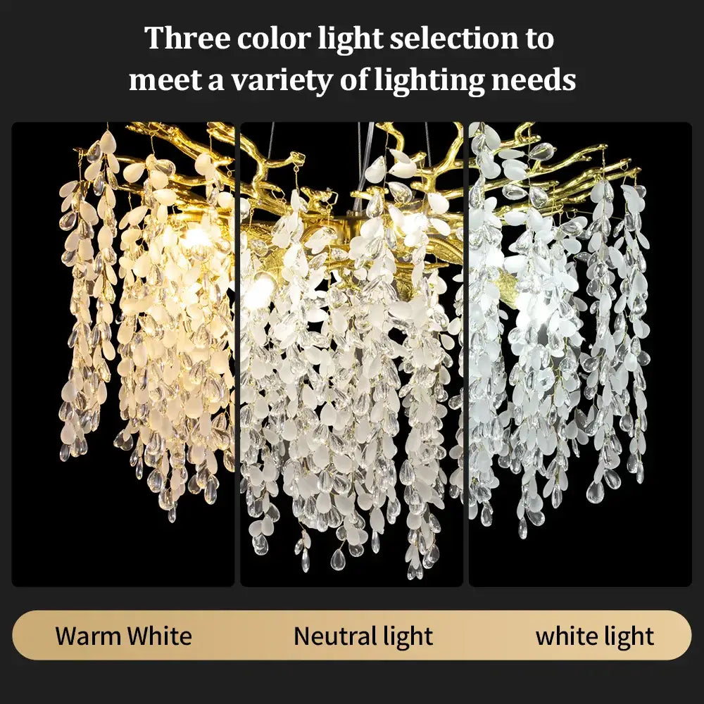 Elegant gold-toned decorbites crystal branch chandelier with cascading clear crystal leaves and three color light options