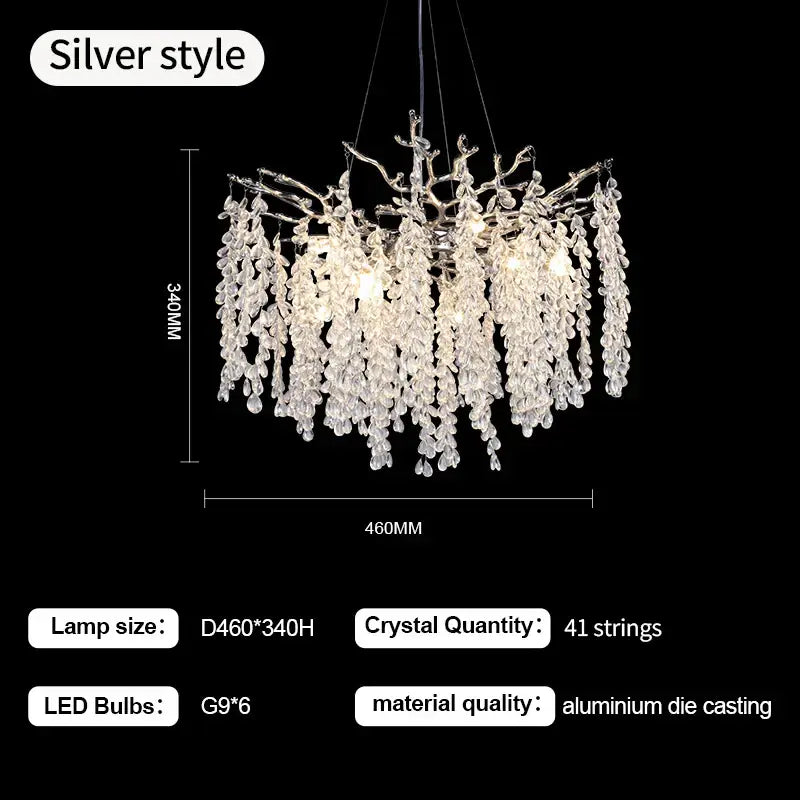 Elegant silver-toned decorbites crystal branch chandelier with cascading crystal strands and aluminum die-cast frame for living room