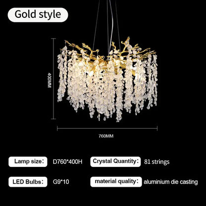 Elegant gold-toned decorbites crystal branch chandelier with cascading clear crystal droplets and aluminum frame for living room