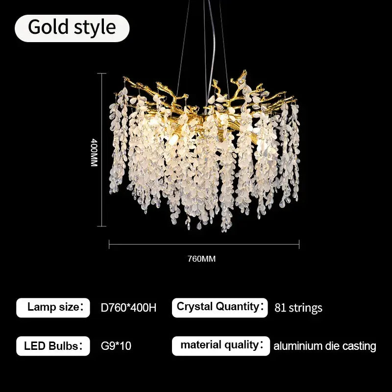 Elegant gold-toned decorbites crystal branch chandelier with cascading clear crystal droplets and aluminum frame for living room