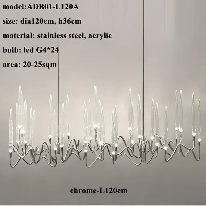 Chrome-finished stainless steel and acrylic decorbites crystal branch chandelier with 24 led bulbs in modern wave design