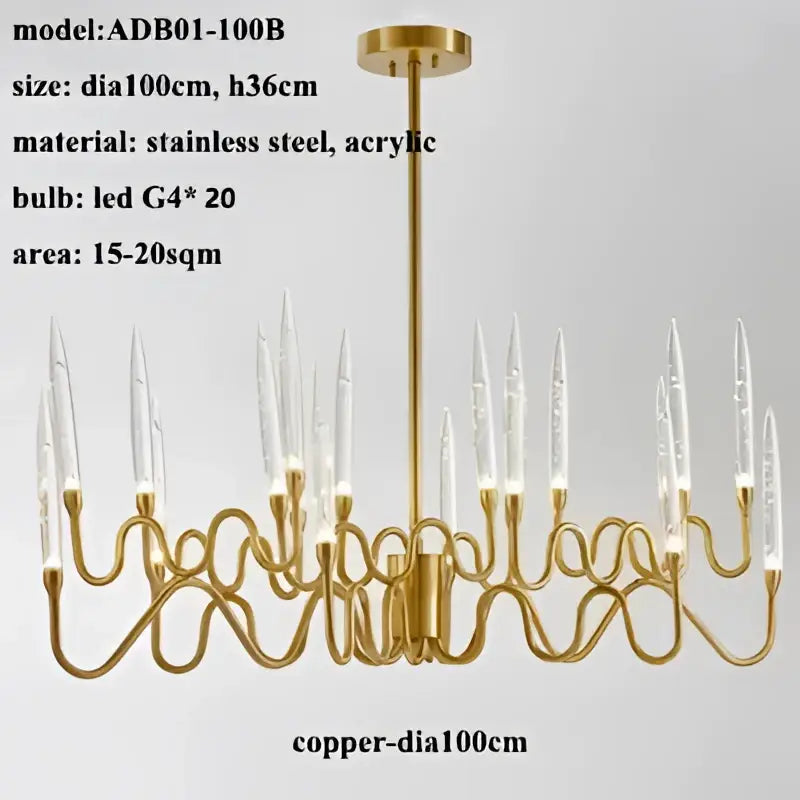 Gold-toned decorbites crystal branch chandelier with slender curved arms and clear acrylic bulbs for dining room lighting
