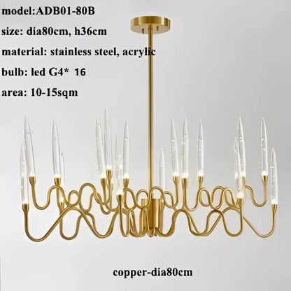 Gold-toned decorbites crystal branch chandelier with slender curved arms and clear acrylic candle bulbs for dining room use