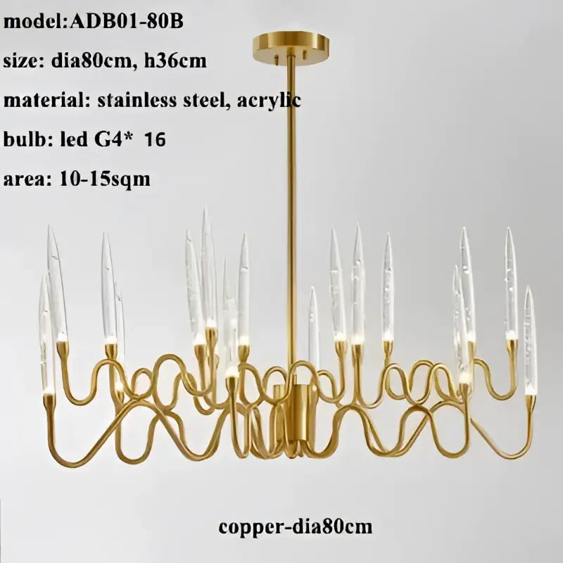 Gold-toned decorbites crystal branch chandelier with slender curved arms and clear acrylic candle bulbs for dining room use