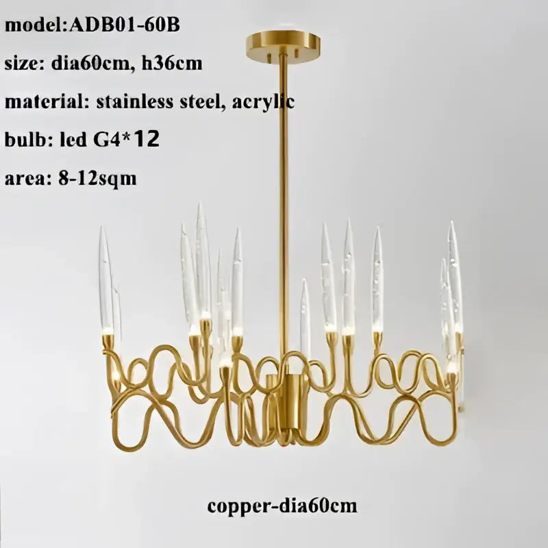 Gold-toned copper decorbites crystal branch chandelier with sleek intertwined arms and acrylic candle bulbs for dining room lighting