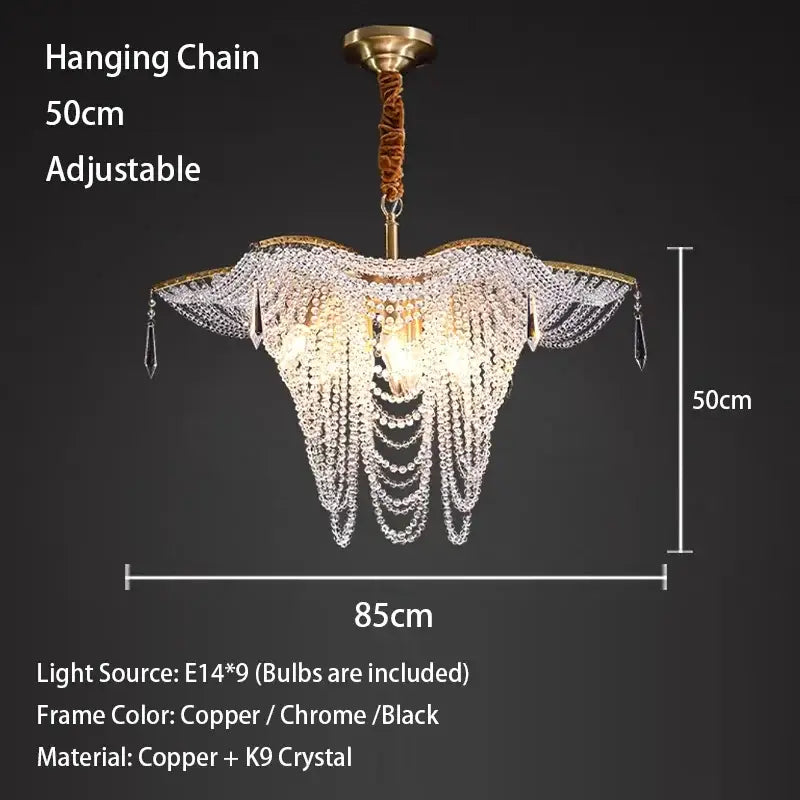 Elegant 50cm decorbites crystal butterfly gold tassel chandelier with cascading k9 crystal strands and copper frame for living room light