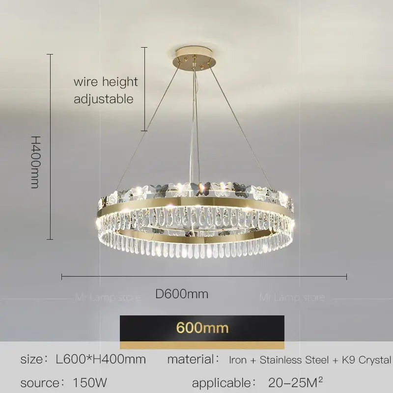 A modern two-tiered gold chandelier with k9 crystal droplets by decorbites crystal butterfly for butterfly living room