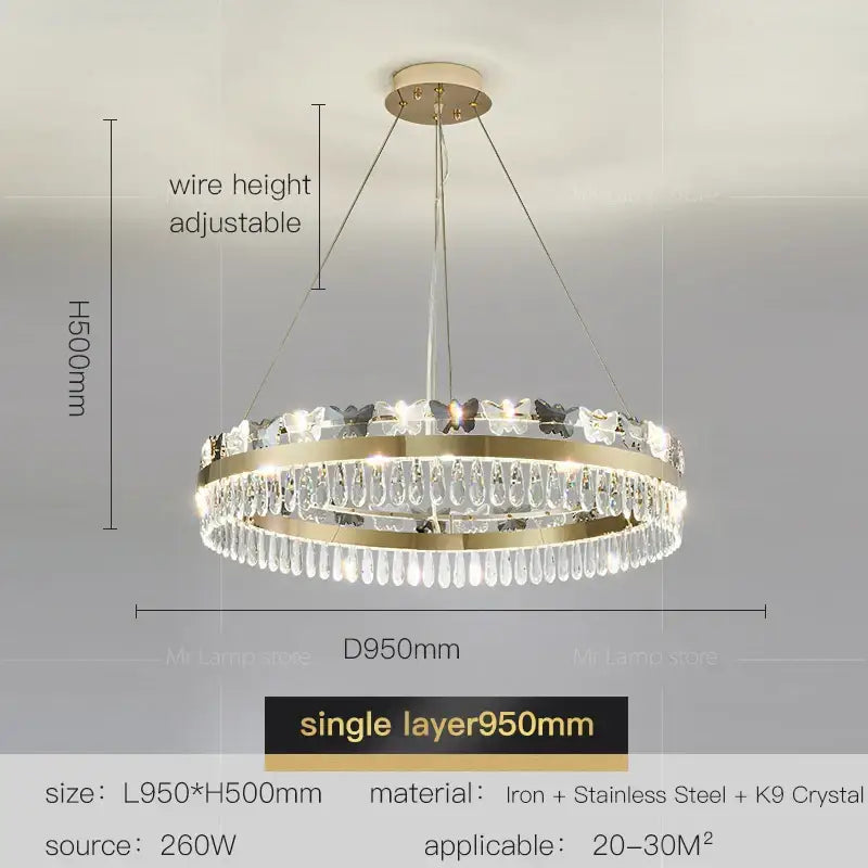 A modern circular gold-toned metal decorbites crystal butterfly chandelier with hanging crystal droplets for butterfly living room