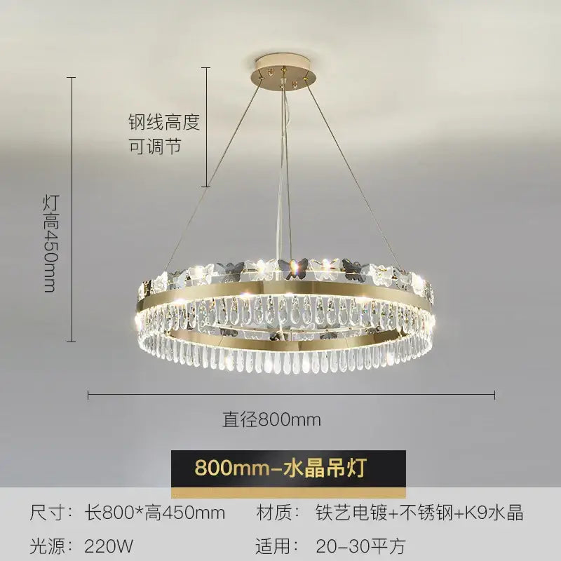 A decorbites crystal butterfly gold chandelier with circular metal frame and cascading clear k9 crystals for butterfly living room
