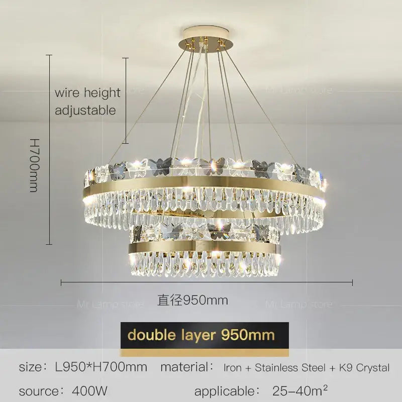 Gold-toned double-layer decorbites crystal butterfly chandelier with cascading k9 crystal droplets for butterfly living room