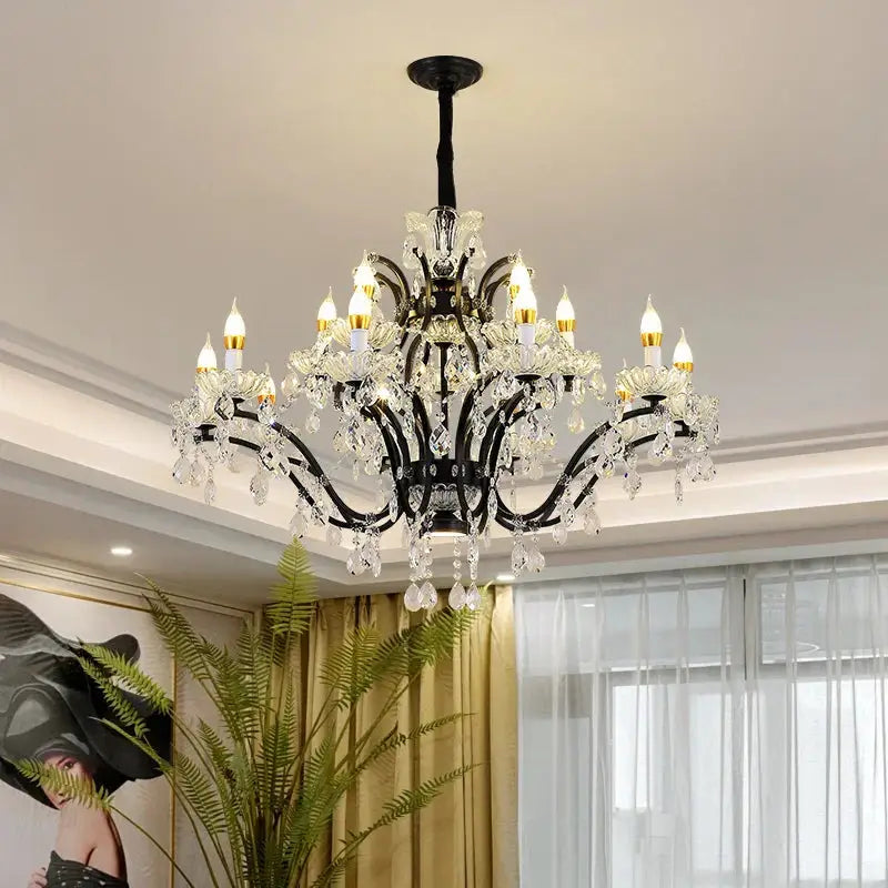 Elegant black wrought iron decorbites crystal candle chandelier with clear crystal droplets and candle-style bulbs for dining room