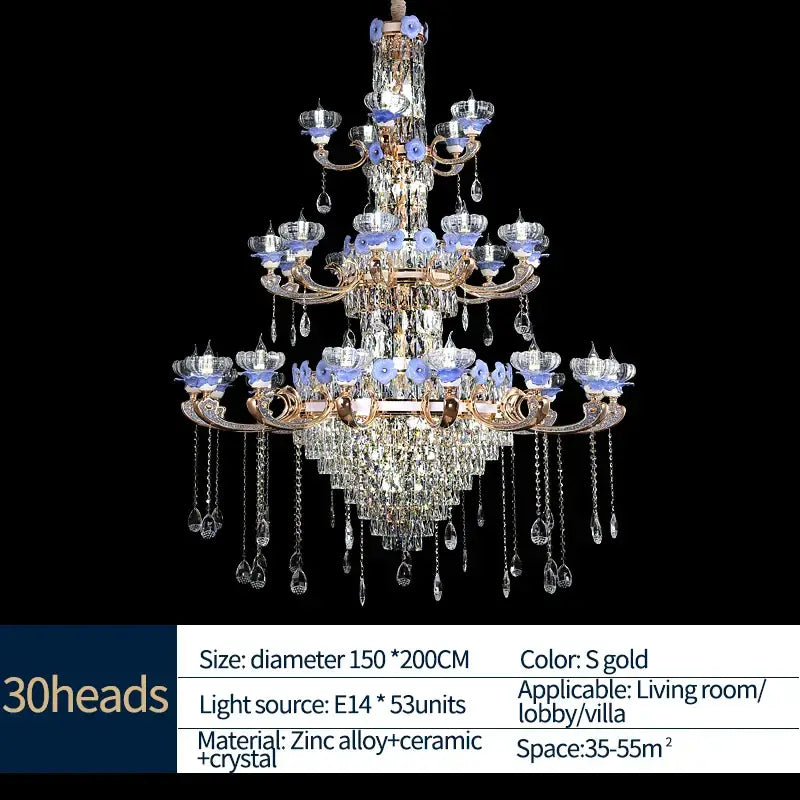 A decorbites crystal candle chandelier with gold-toned arms, clear crystals, and blue ceramic accents for living room light
