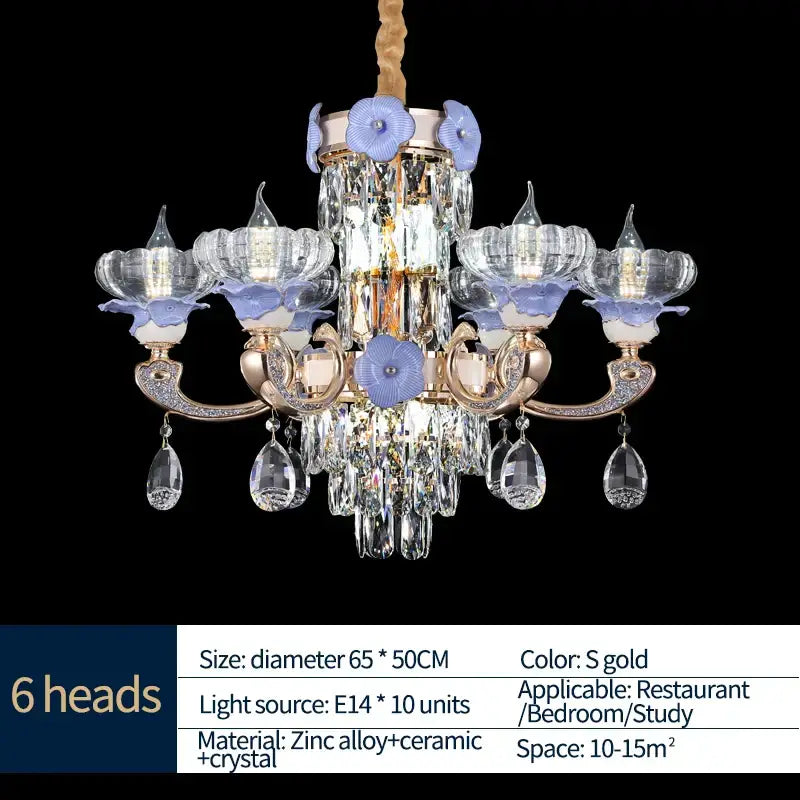 Elegant gold-toned decorbites crystal candle chandelier with six ceramic flowers and clear glass droplets for living room light