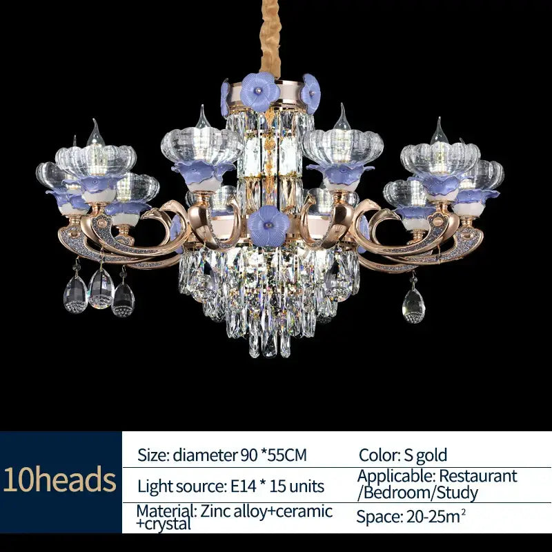 A gold-toned decorbites crystal candle chandelier with ten flower-shaped fixtures and dangling teardrop crystals