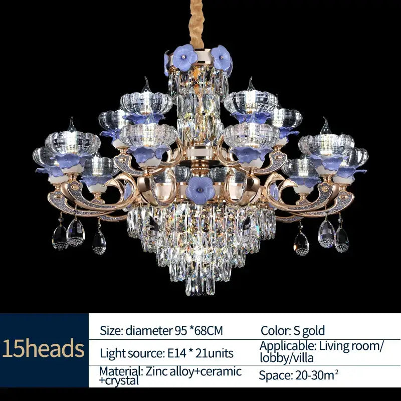 A luxurious gold-toned decorbites crystal candle chandelier with 15 flower-shaped lights and dangling teardrop crystals