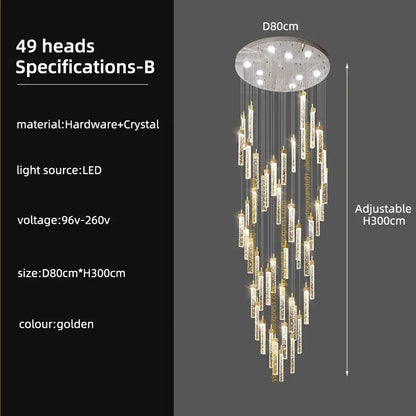 Golden decorbites crystal ceiling chandelier with 49 crystal encrusted led light heads for modern staircase lighting
