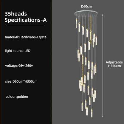 Decorbites crystal ceiling chandelier with 35 crystal-encased led lights suspended from a gold circular base
