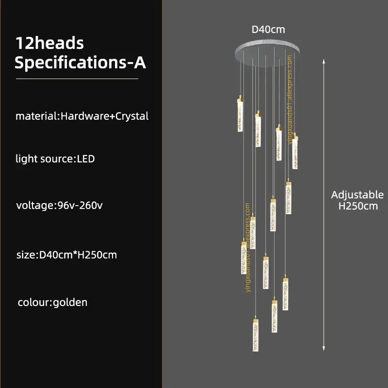Golden 12-head decorbites crystal ceiling chandelier with crystal accents and led lighting for modern staircase decor