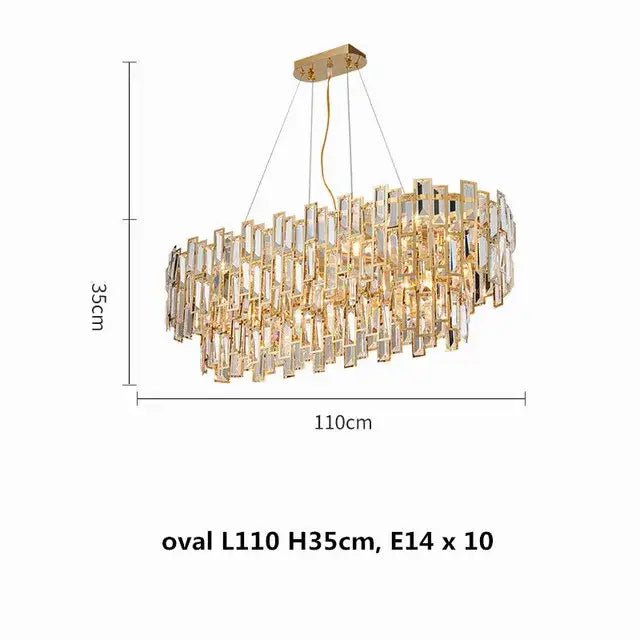 Gold-toned decorbites crystal ceiling oval chandelier with cascading clear crystal prisms in modern stainless steel design