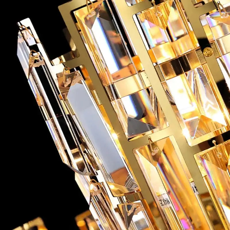 Golden crystal ceiling chandelier with faceted rectangular prisms and polished stainless steel frames by decorbites crystal ceiling