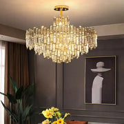 Gold-finished decorbites crystal ceiling chandelier with cascading rectangular crystal prisms for modern home decor