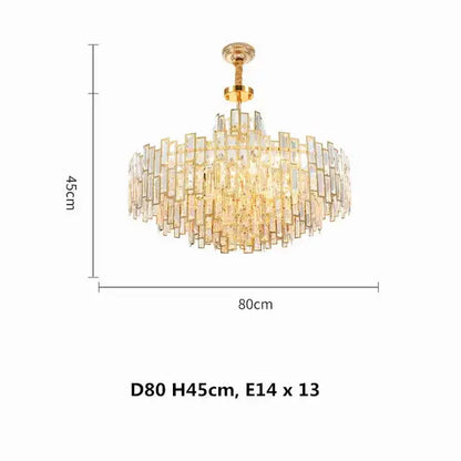 Elegant gold-toned decorbites crystal ceiling chandelier with cascading clear glass rectangular crystals in stainless steel
