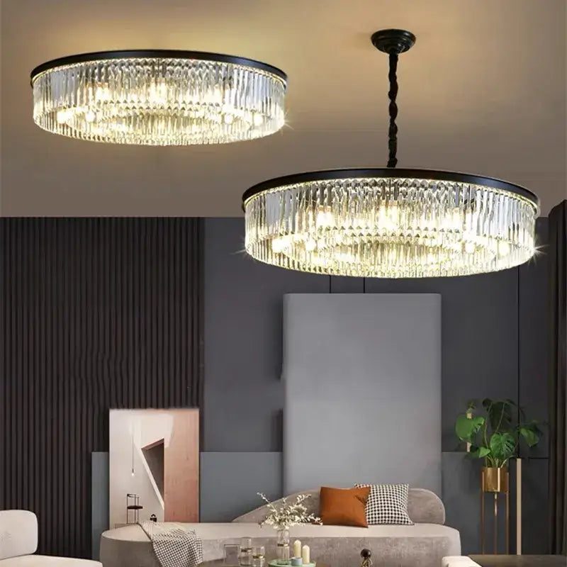 Two elegant decorbites crystal ceiling chandeliers with black metal frames and clear glass prisms for living room lighting