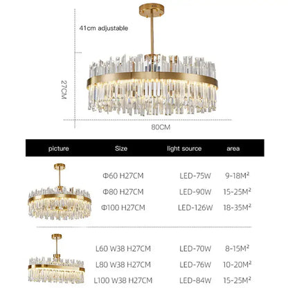 Decorbites crystal ceiling chandelier with gold-toned circular frame and dangling crystal rods for living and dining rooms