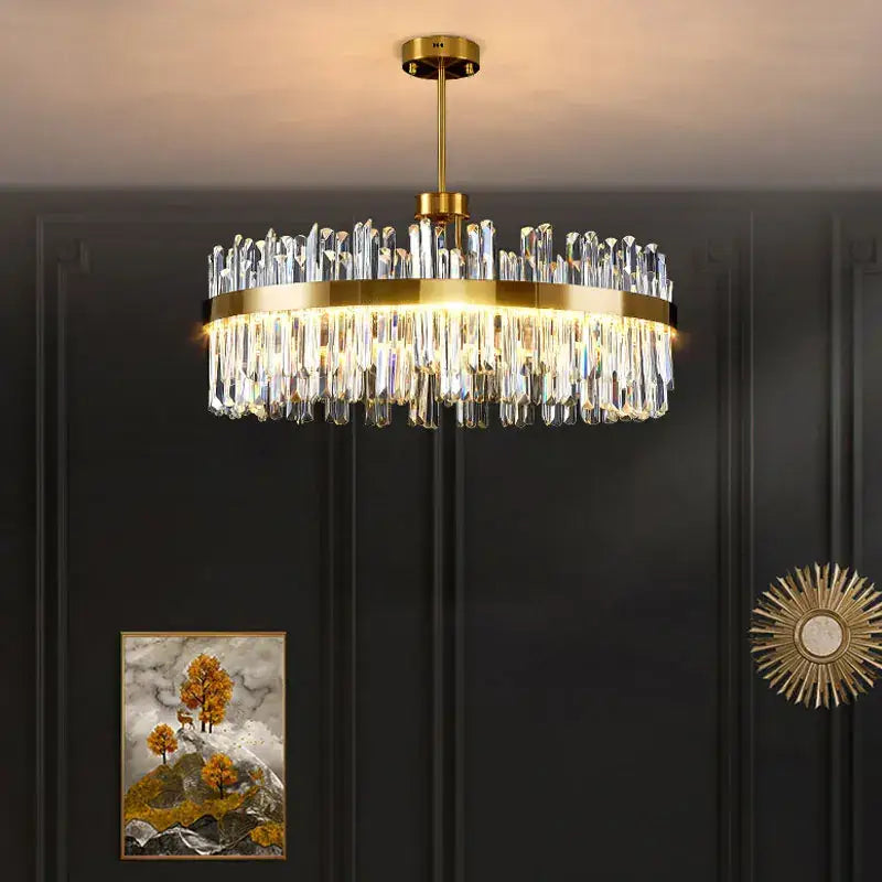 DecorBites crystal ceiling chandelier with gold metal frame and clear faceted crystals for living and dining rooms