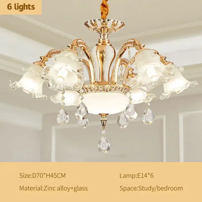Gold-toned decorbites crystal ceiling chandelier with six frosted glass shades and crystal teardrop pendants for luxury spaces