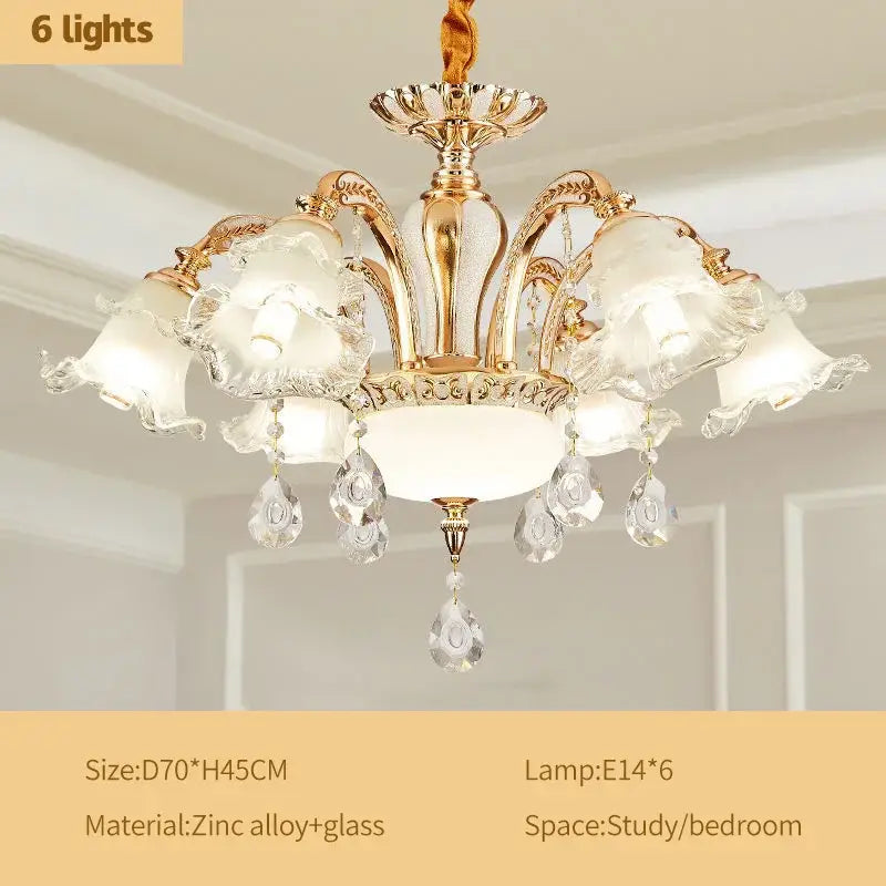 Gold-toned decorbites crystal ceiling chandelier with six frosted glass shades and crystal teardrop pendants for luxury spaces