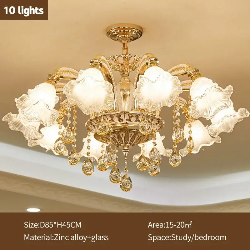 Gold-toned decorbites crystal ceiling chandelier with ten frosted glass flower shades and crystal teardrops for luxury spaces