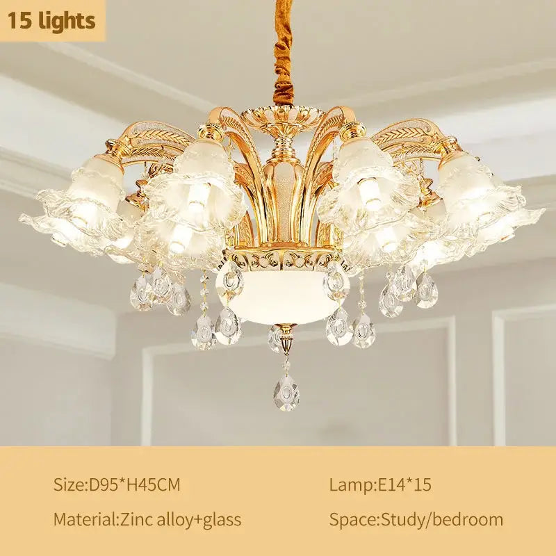 Gold-toned decorbites crystal ceiling chandelier with 15 lights, floral glass shades and crystal droplets for luxury spaces